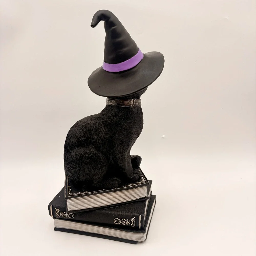 Black Cat Witch Figurine on Spell Books Gothic Halloween Decor Green Eyes Hat